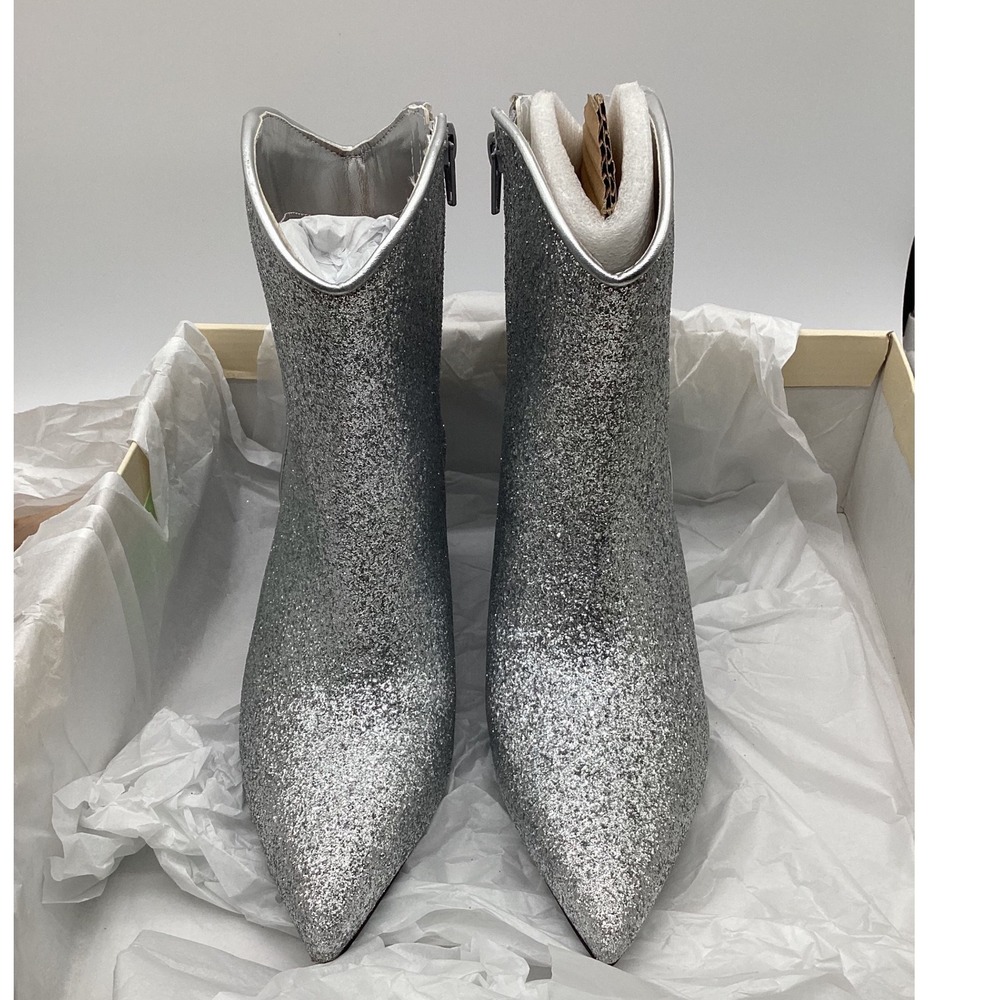 ON 34TH Silver‎ Glitter Ankle Boots Pointed Toe Kitten Heel Western Sparkle 5M